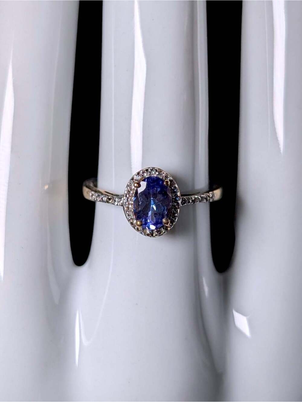 Vintage Genuine Kyanite Solitaire with White Topaz Halo Gold over Sterling Ring